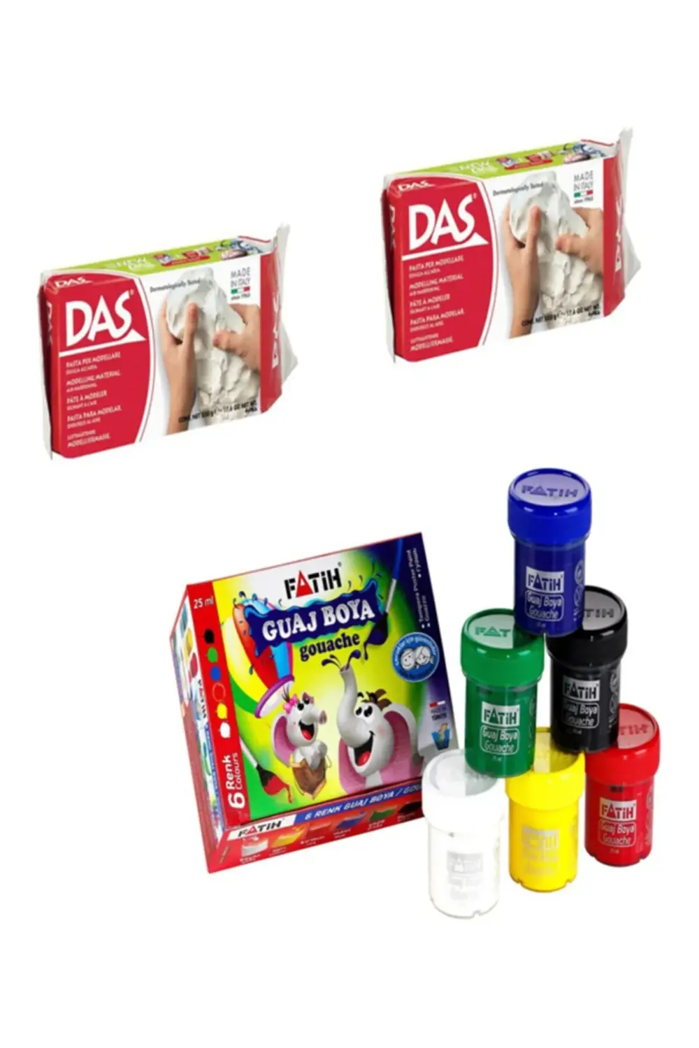 Beyaz Seramik Kil Hamuru 2x500 Gr Ve Fatih 6 Renk Guaj Boya Seti