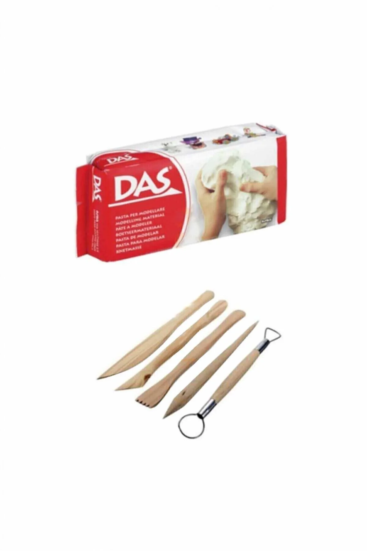 Beyaz Seramik Kili 500 Gr+ Modelaj Kalemi Ebeşuar 5 Li Ahşap Set