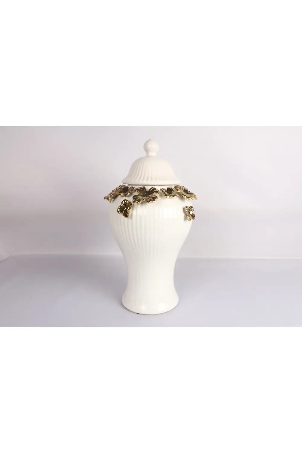 Beyaz Seramik Küp Altın Yaprak Detaylı Küp / Vazo Büyük 40 Cm