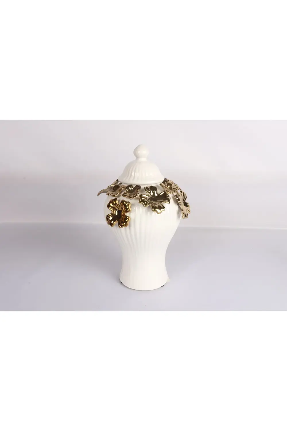 Beyaz Seramik Küp Altın Yaprak Detaylı Küp / Vazo Küçük 30 Cm