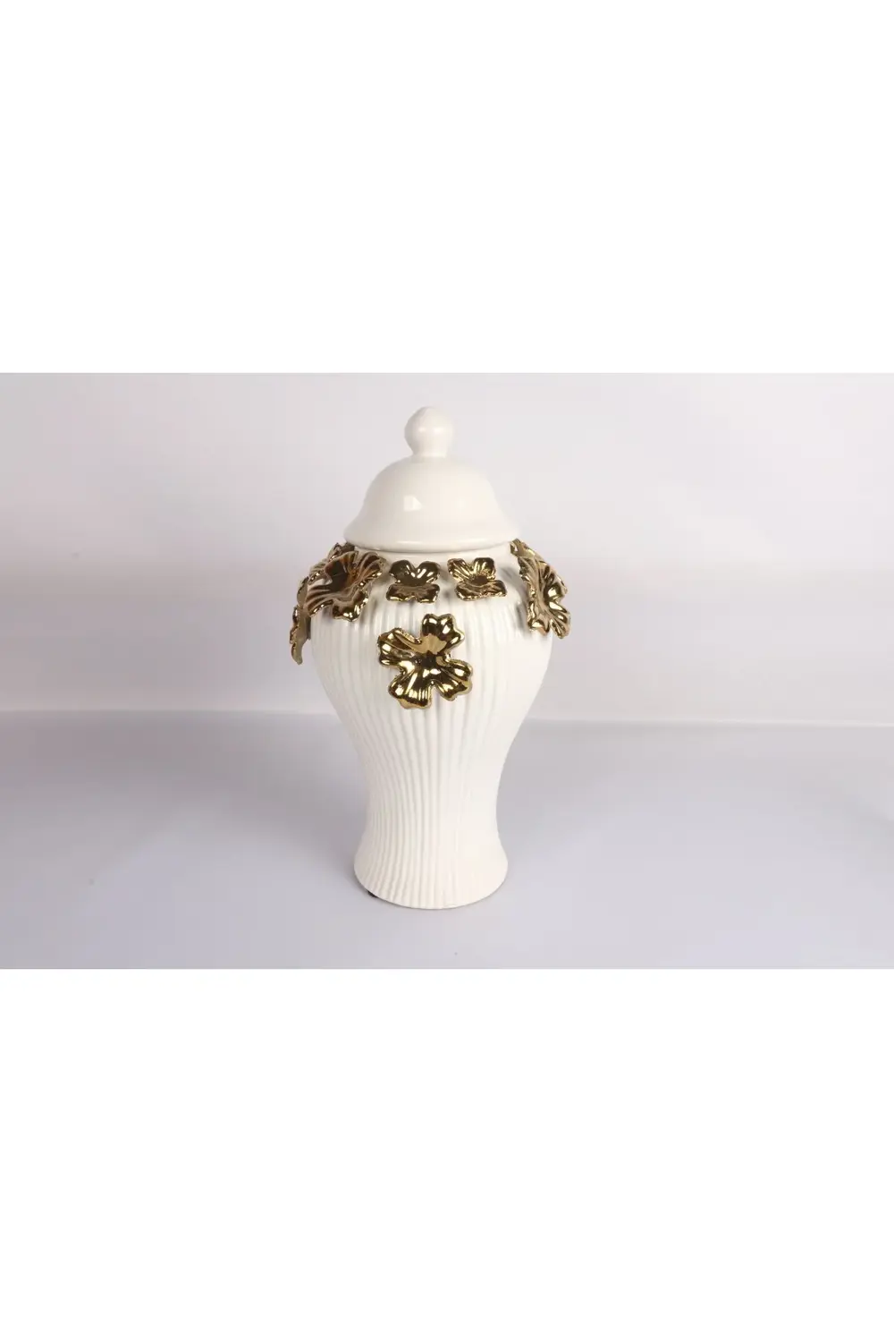 Beyaz Seramik Küp Altın Yaprak Detaylı Küp / Vazo Orta 35 Cm