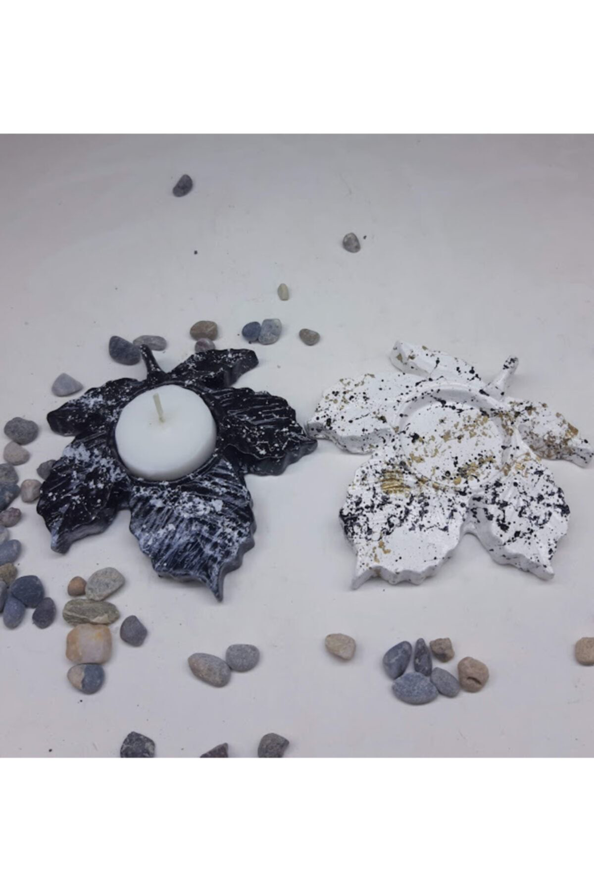 Dodemert Home Beyaz-Siyah Çinar Yapraği Beton Mumluk 2 Li