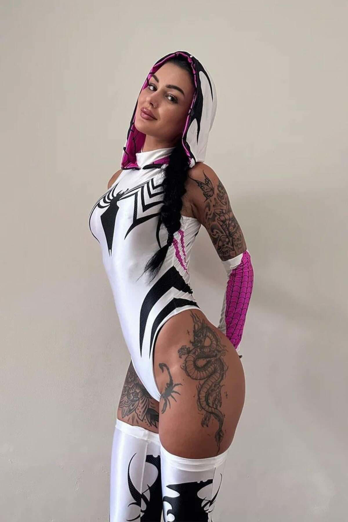 Köstebek Beyaz Spider Cosplay Kolluklu Çıtçıtlı Body