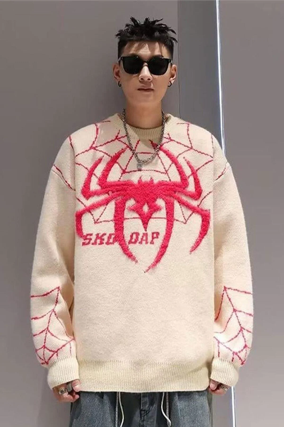 Beyaz Spider-Man Örümcek Ağı Oversize Kazak Beyaz Spider-Man Örümcek Ağı Oversize Kazak
