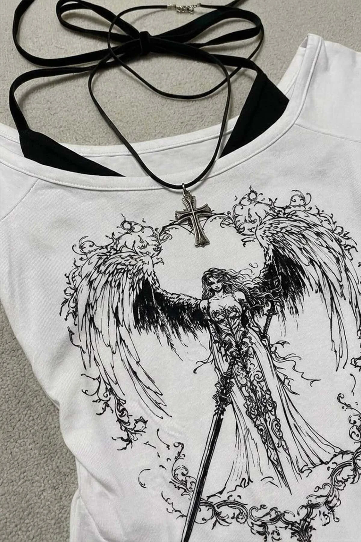 Beyaz Sword Warriror Angel Madonna Yaka Ek Askılı Full Body Y2K K