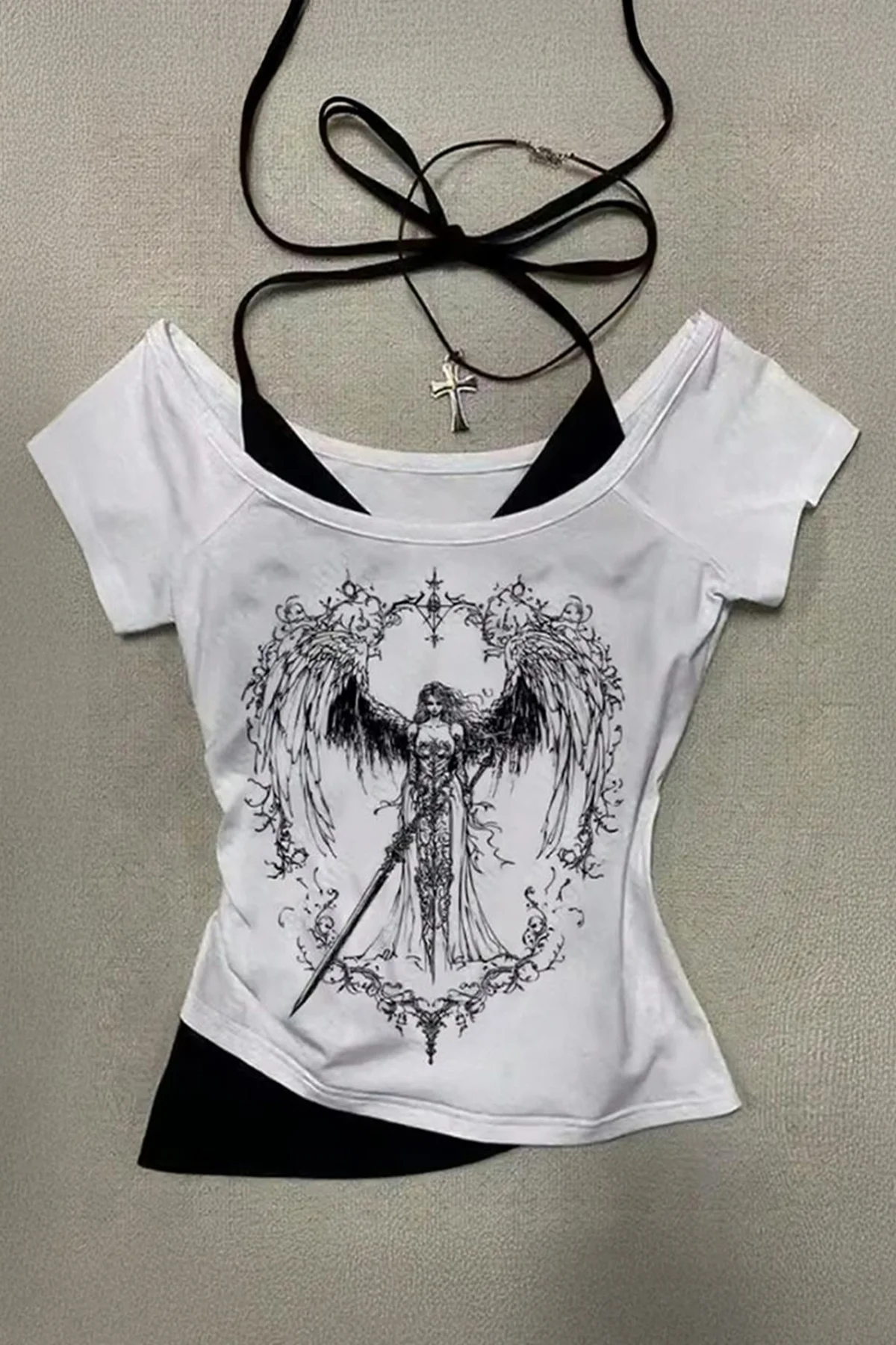 Beyaz Sword Warriror Angel Madonna Yaka Ek Askılı Full Body Y2K K