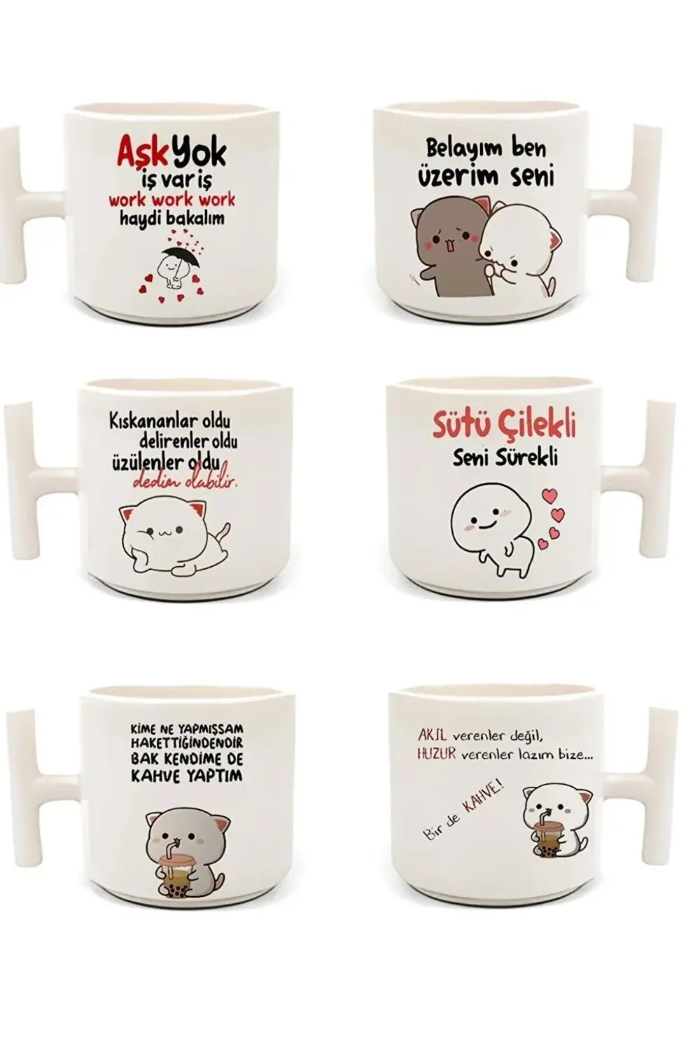 Beyaz T Kulp 6 Lı Espirili Sözler Temalı Latte Fincan Modelleri