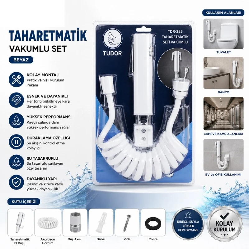 Beyaz Taharetmatik Seti - Vakumlu Montaj - Akordeon Hortumlu Fiyatı, Yorumları ve Özellikleri