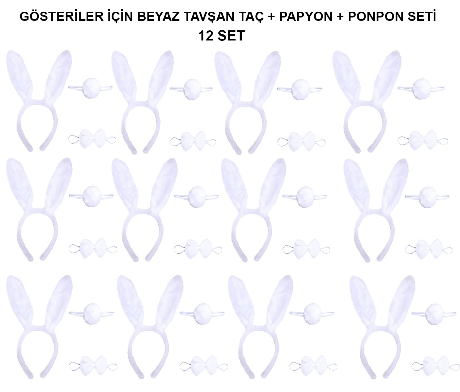 Beyaz Tavşan Kostüm Seti – Taç, Papyon, Kuyruk (12’li Paket)