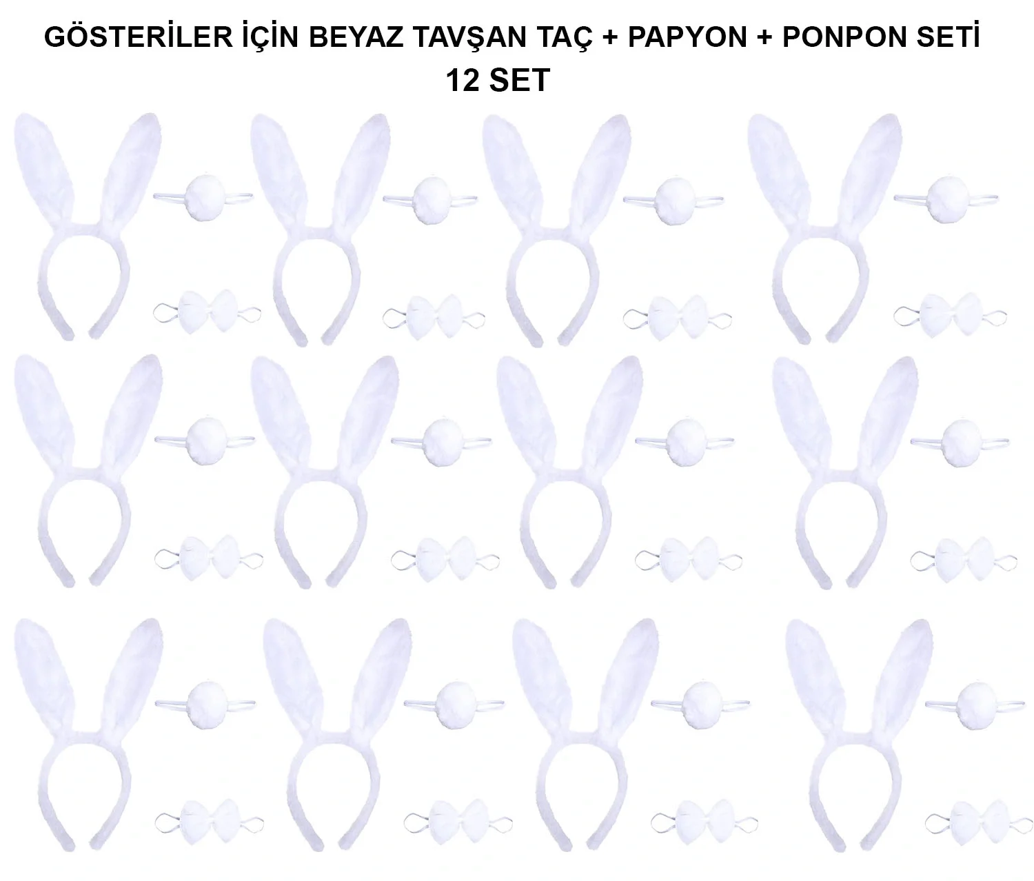 Beyaz Tavşan Kostüm Seti – Taç, Papyon, Kuyruk (12’li Paket) Beyaz Tavşan Kostüm Seti – Taç, Papyon, Kuyruk (12’li Paket)