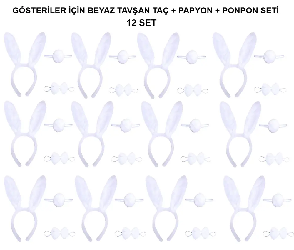 Beyaz Tavşan Kostüm Seti – Taç, Papyon, Kuyruk (12’li Paket) (474