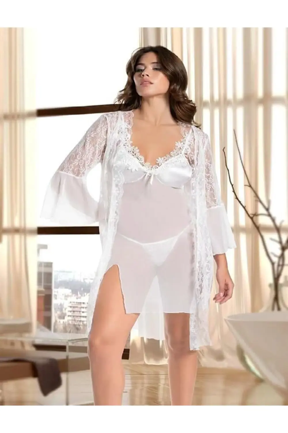 Beyaz Transparan Dantel İşlemeli Tül Yırtmaçlı 2'li Gecelik Takım