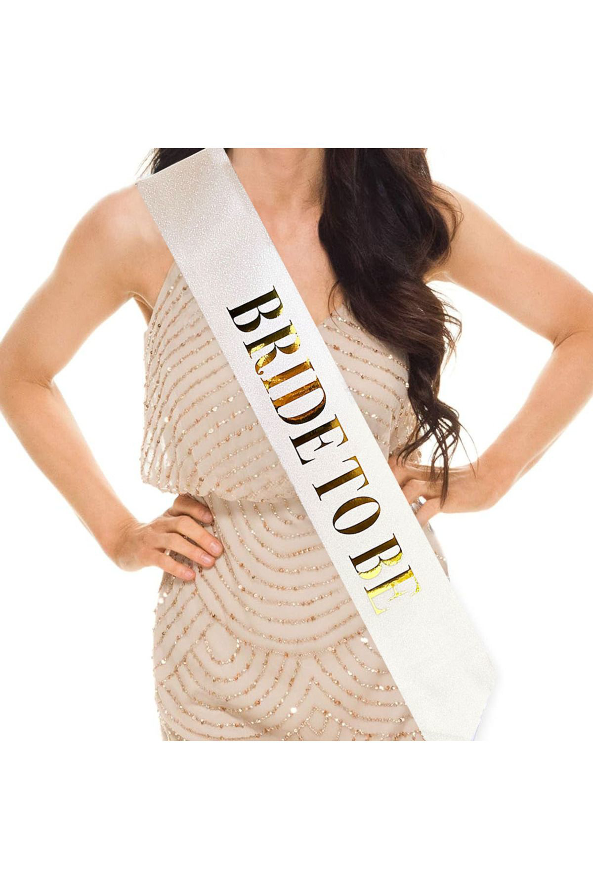 Ok Aksesuar Beyaz Üzeri Altın Büyük Bride To Be Yazılı Simli İşıltılı Kuşak K