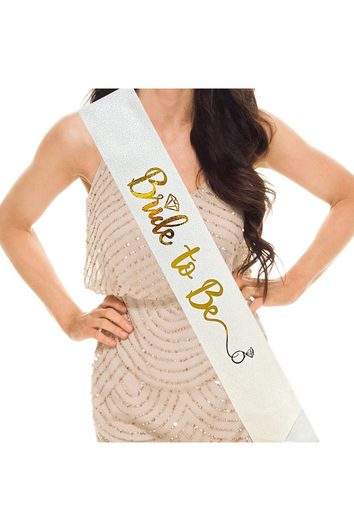 Ok Aksesuar Beyaz Üzeri Altın İtalik Alyanslı Bride To Be Yazılı Simli İşıltı