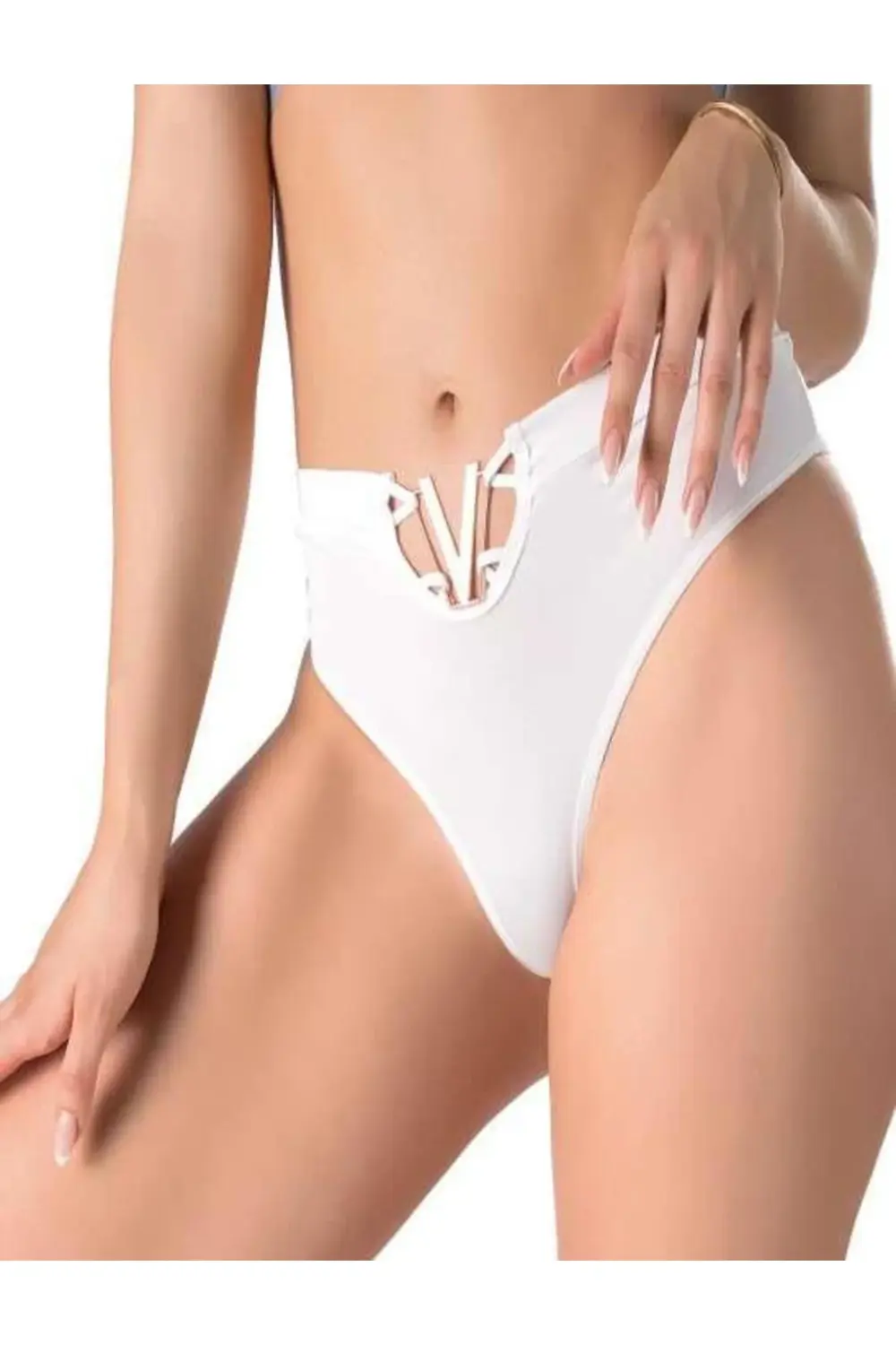 Beyaz V Metal Aksesuarlı Yüksek Bel String Tanga