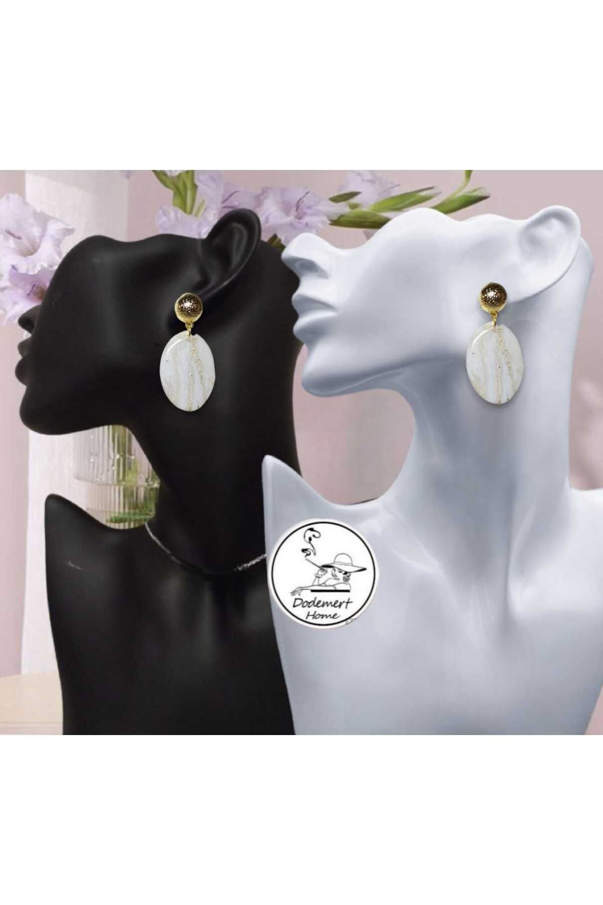 Beyaz Varaklı Polimer Kil & Epoksi Tasarım Küpe