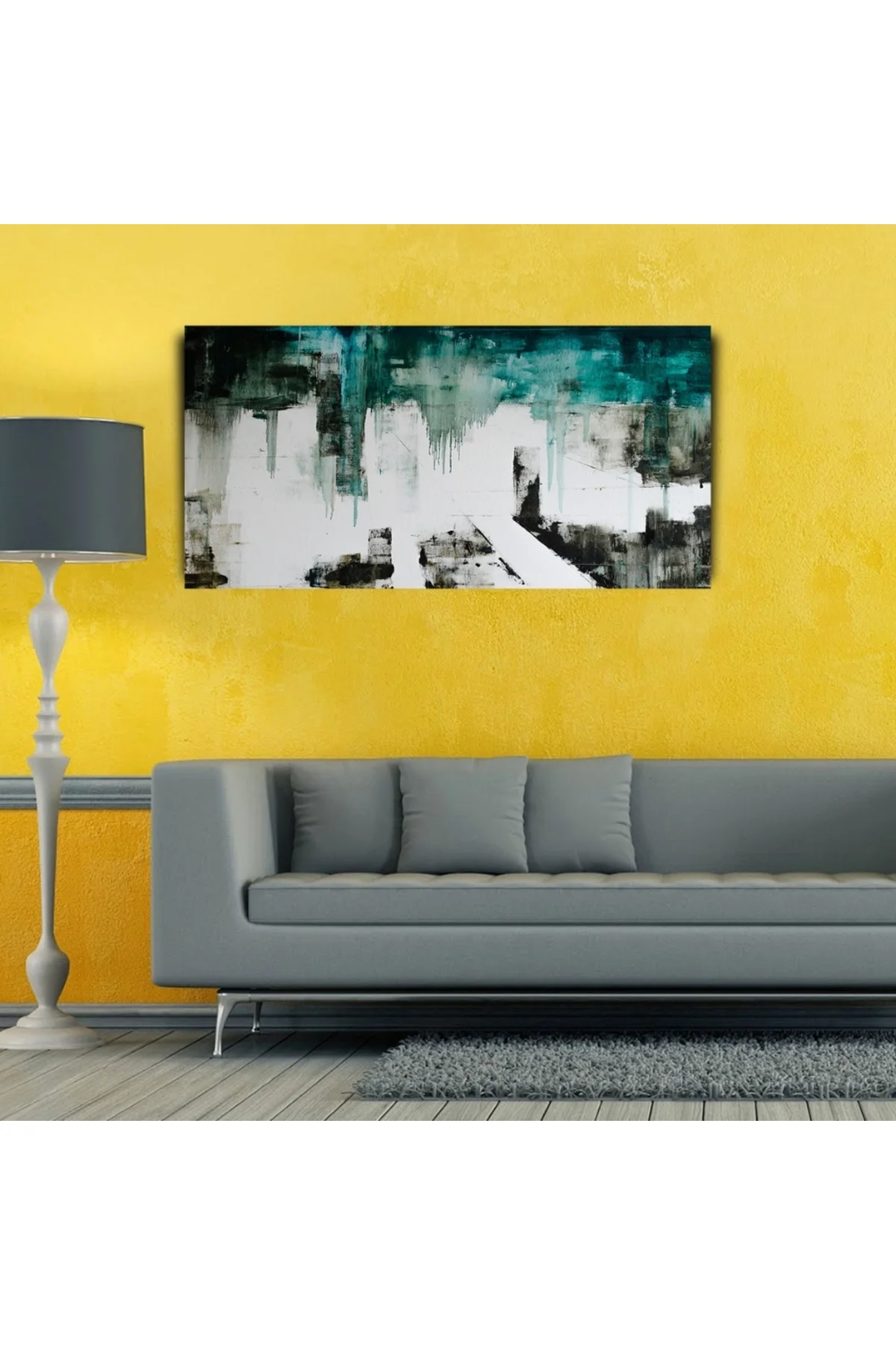 Beyaz ve Petrol Yeşili Soyut Çalışma Kanvas Tablo 60 x 120