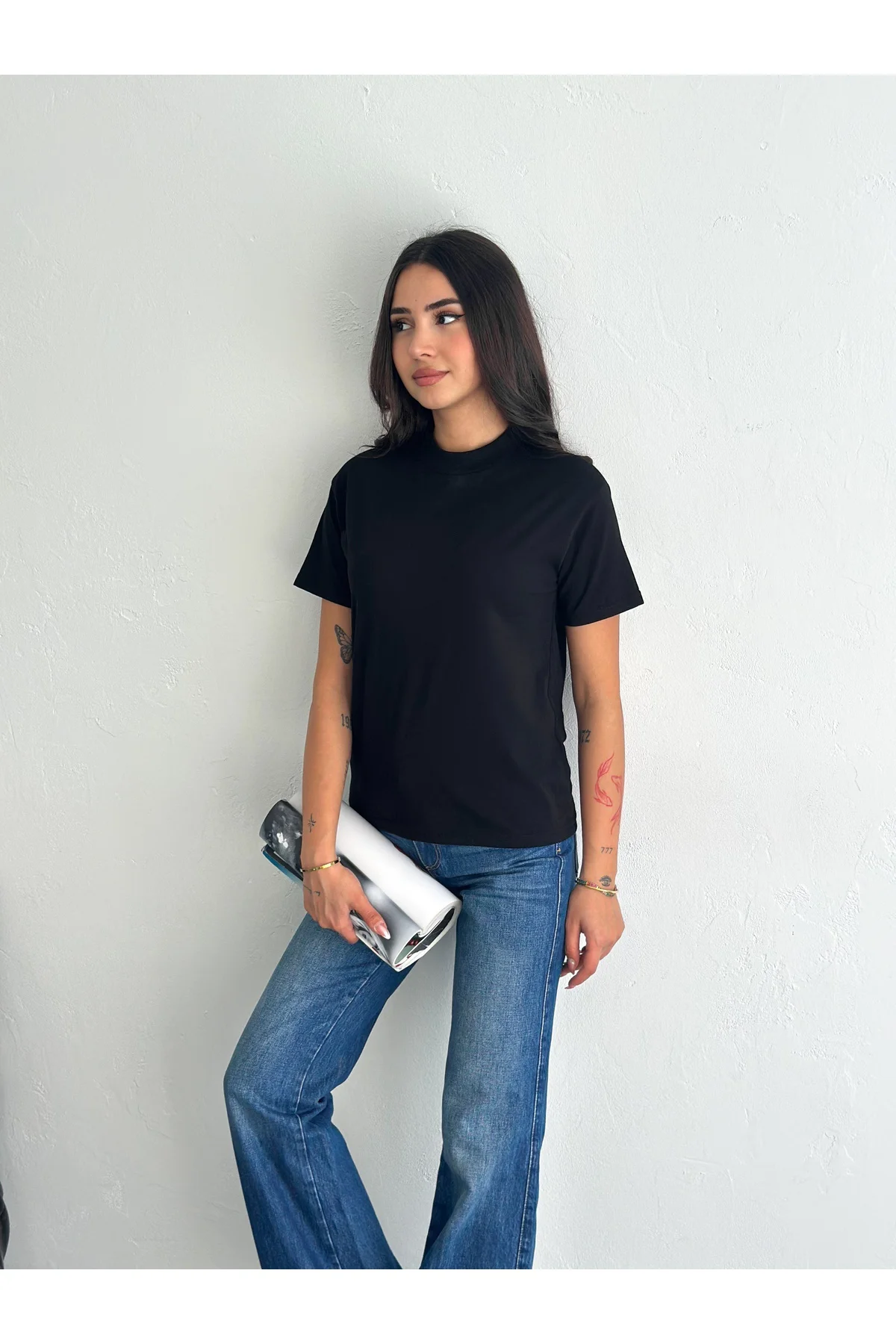 Beyaz Ve Siyah Dik Yaka 2'li Paket Basic Örme T-shirt