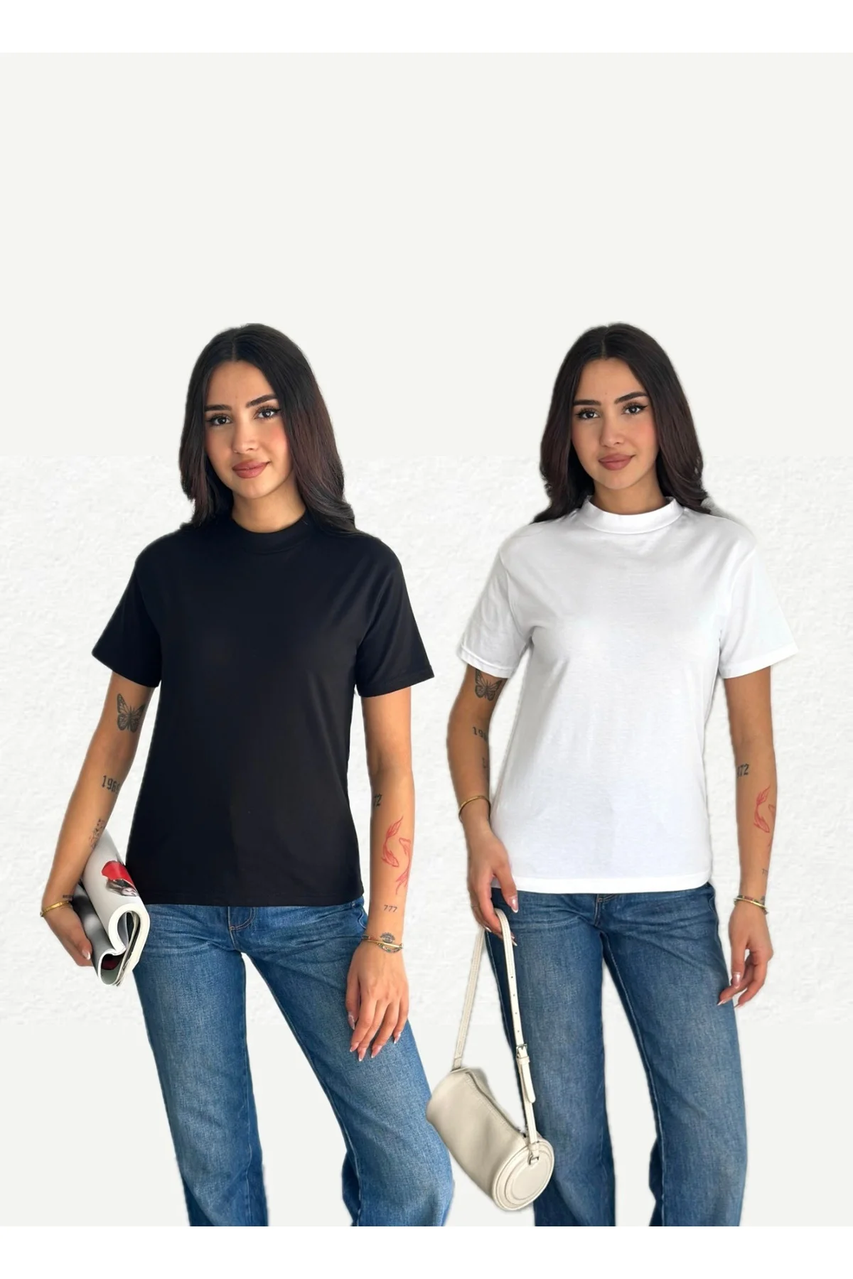 Beyaz Ve Siyah Dik Yaka 2'li Paket Basic Örme T-shirt