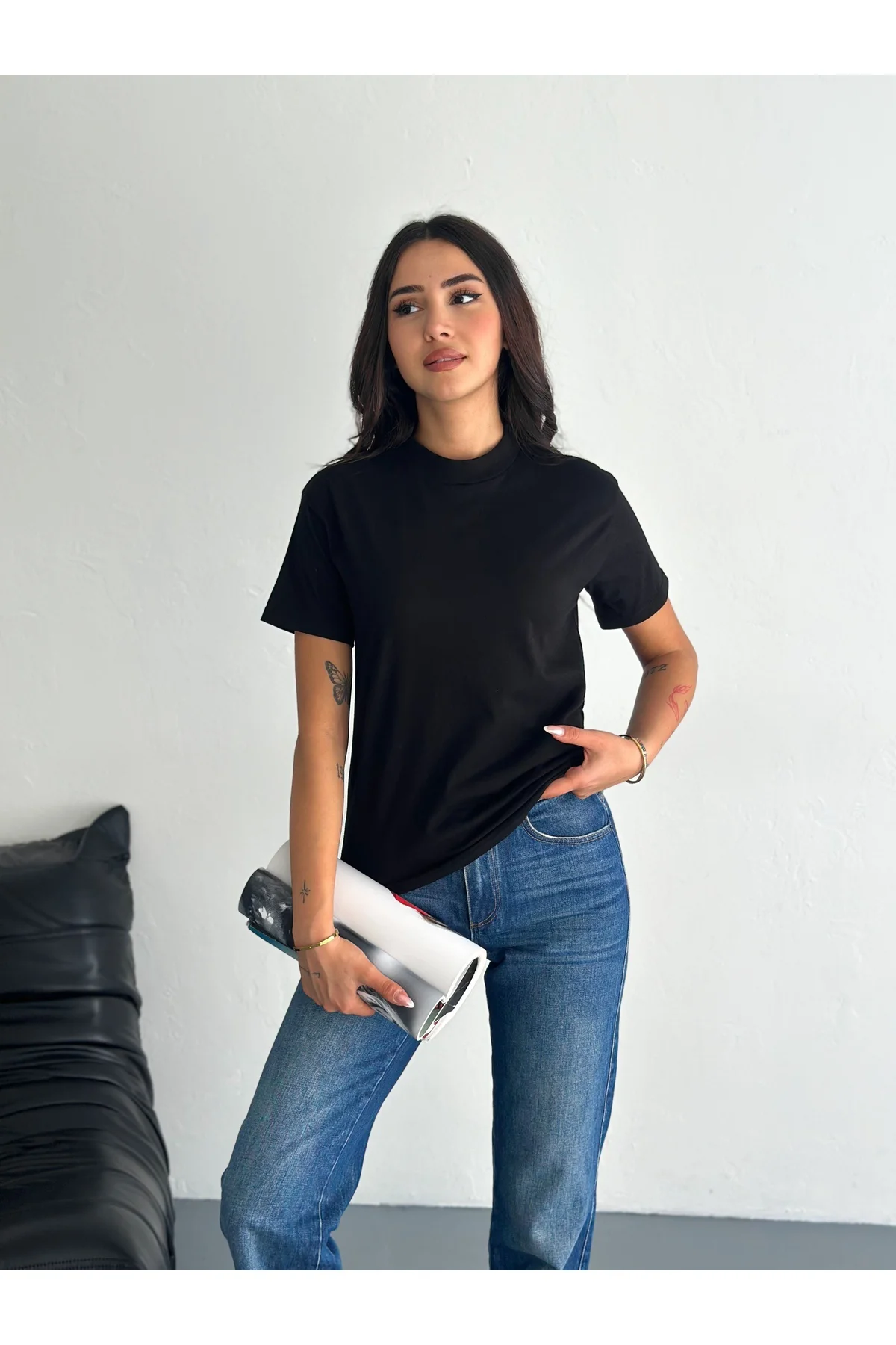 Beyaz Ve Siyah Dik Yaka 2'li Paket Basic Örme T-shirt