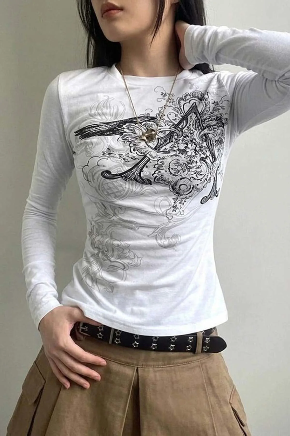 Beyaz Vintage Punk Patterned Harajuku Y2K Uzun Kollu Crop Beyaz Vintage Punk Patterned Harajuku Y2K Uzun Kollu Crop