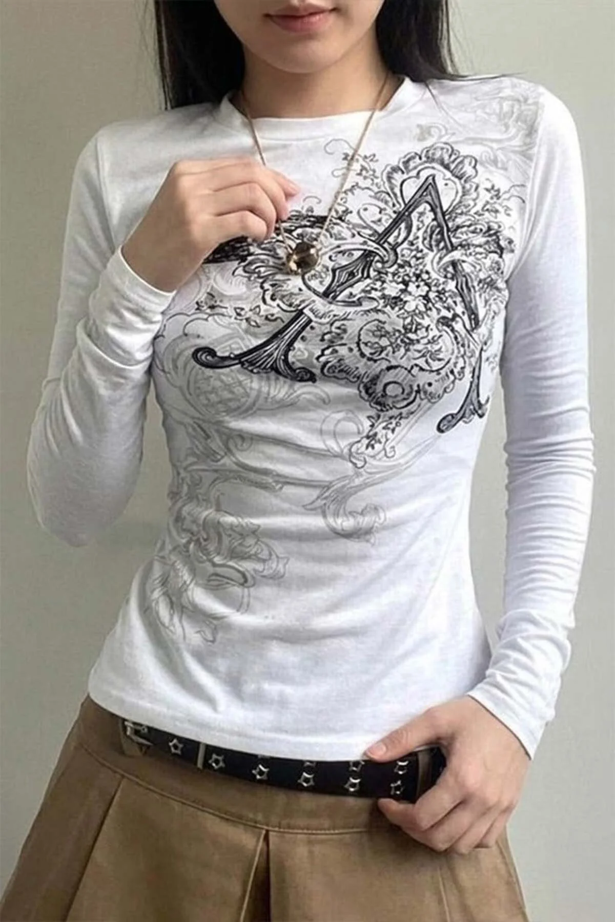 Beyaz Vintage Punk Patterned Harajuku Y2K Uzun Kollu Crop - Görsel 4