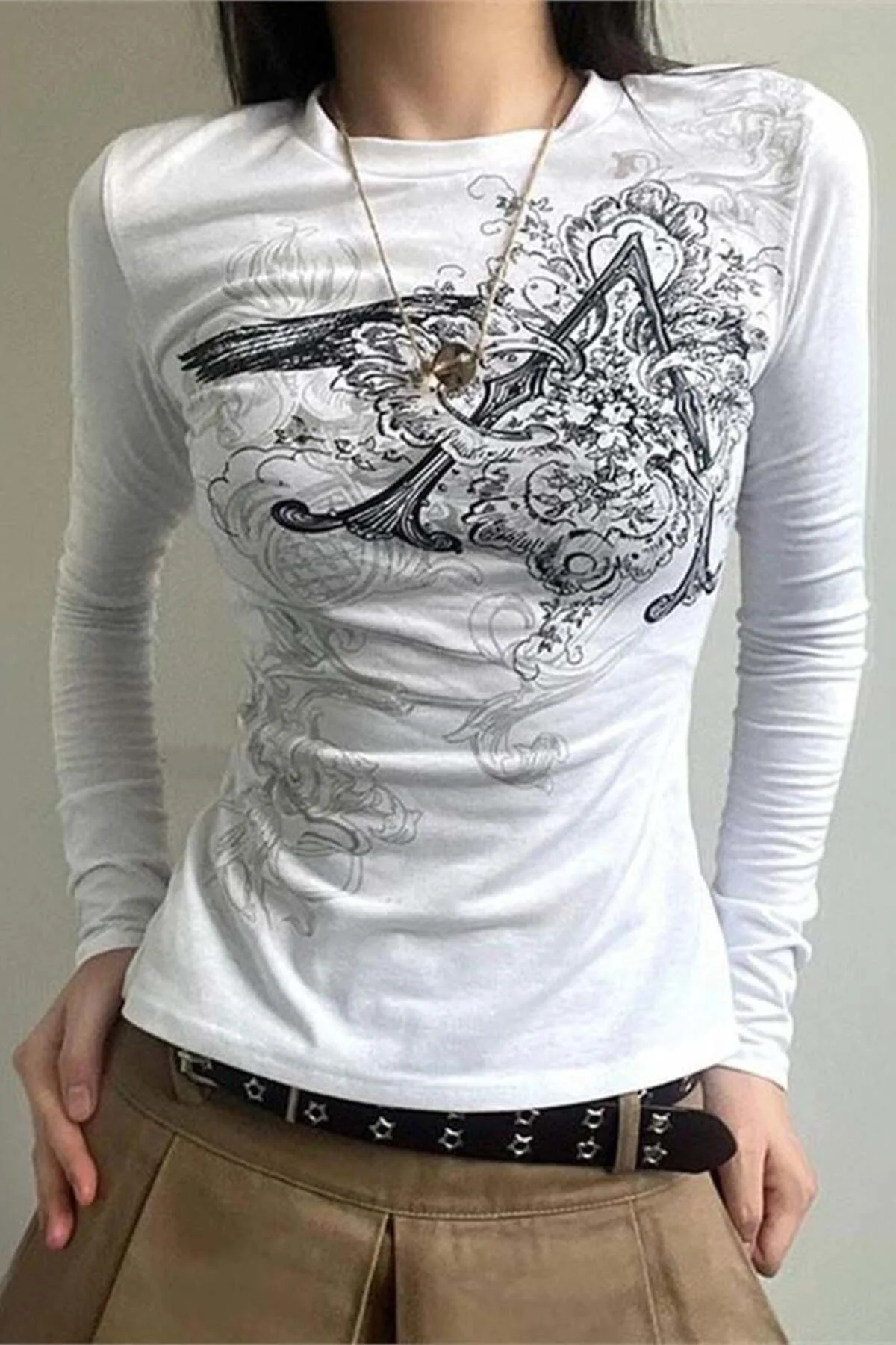 Beyaz Vintage Punk Patterned Harajuku Y2K Uzun Kollu Crop Beyaz Vintage Punk Patterned Harajuku Y2K Uzun Kollu Crop