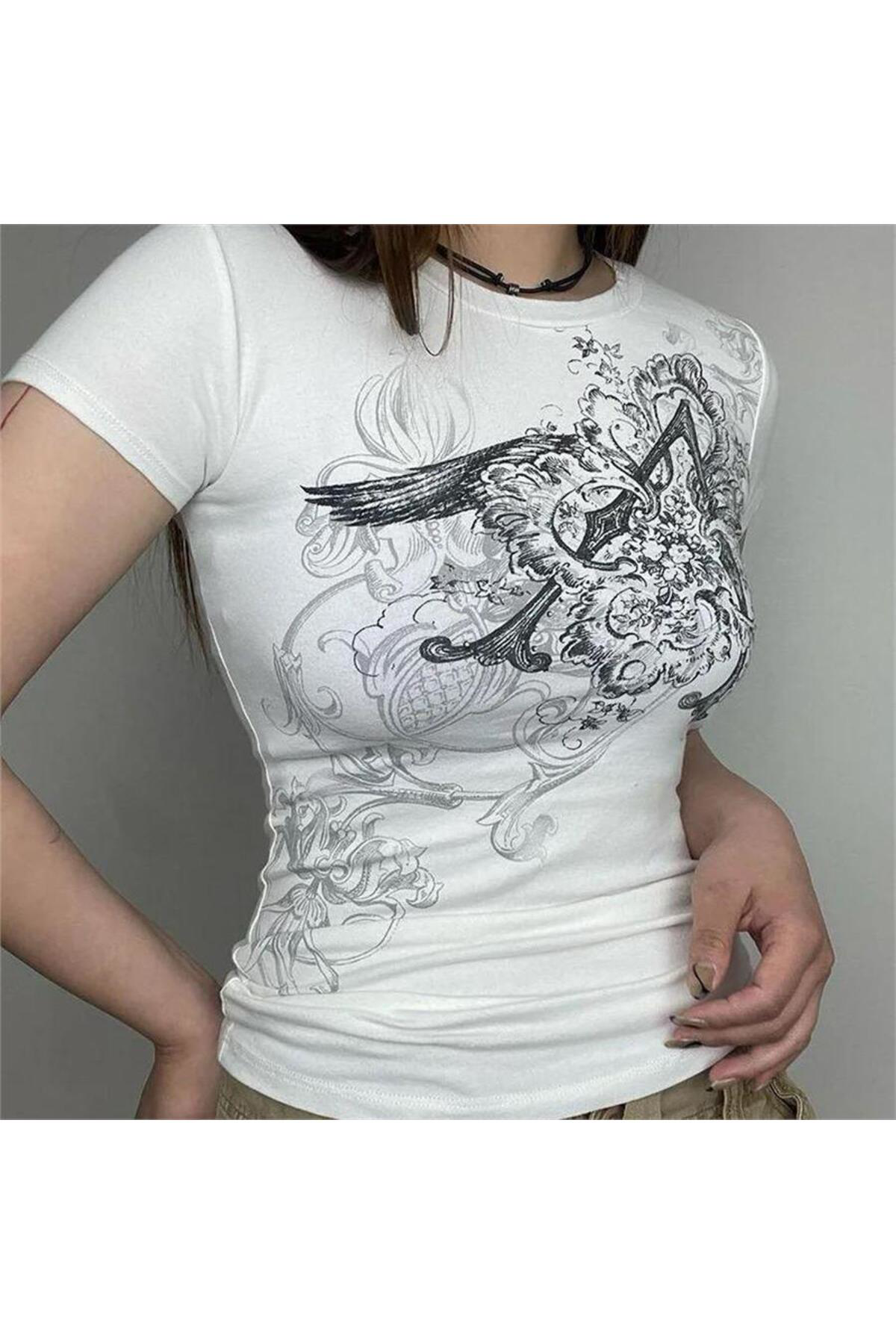 Beyaz Vintage Punk Patterned Kısa Kollu Crop