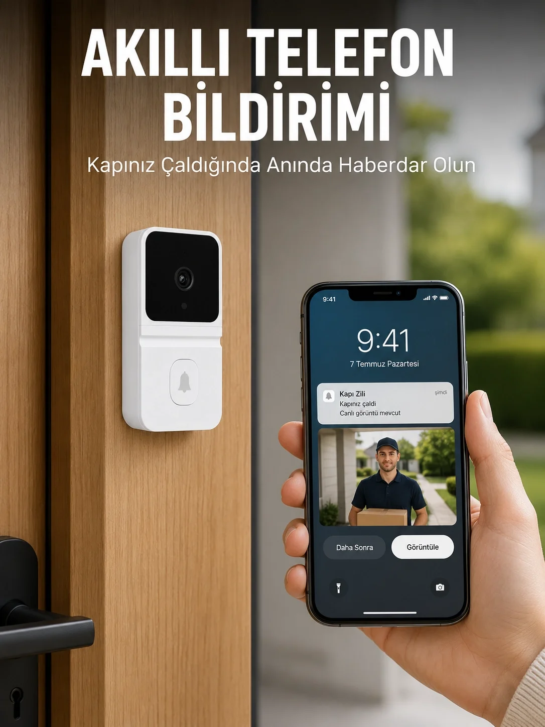Beyaz Wi-Fi Akıllı Görüntülü Kapı Zili HD Kamera, Gece Görüşü ve 