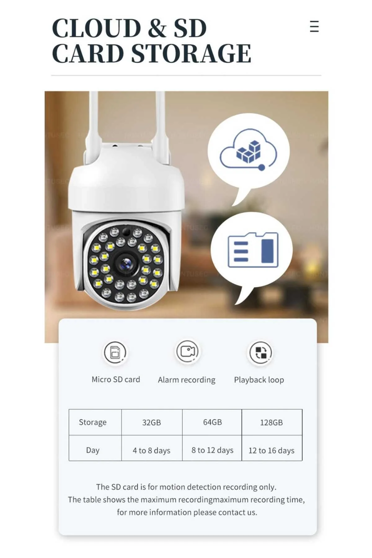 Beyaz wifi kontrollü 1080p HD 2MP 360 derece video kamera SD kart girişli çift LED MP4