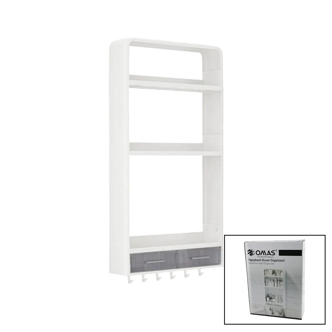 Beyaz Yapışkanlı Duvar Organizeri Plastik 3 Raf=14cm-19cm-30cm - 2 Çekmece=40cm - 6 Askı 19 Parça Bx40 Fiyatı, Yorumları ve Özellikleri