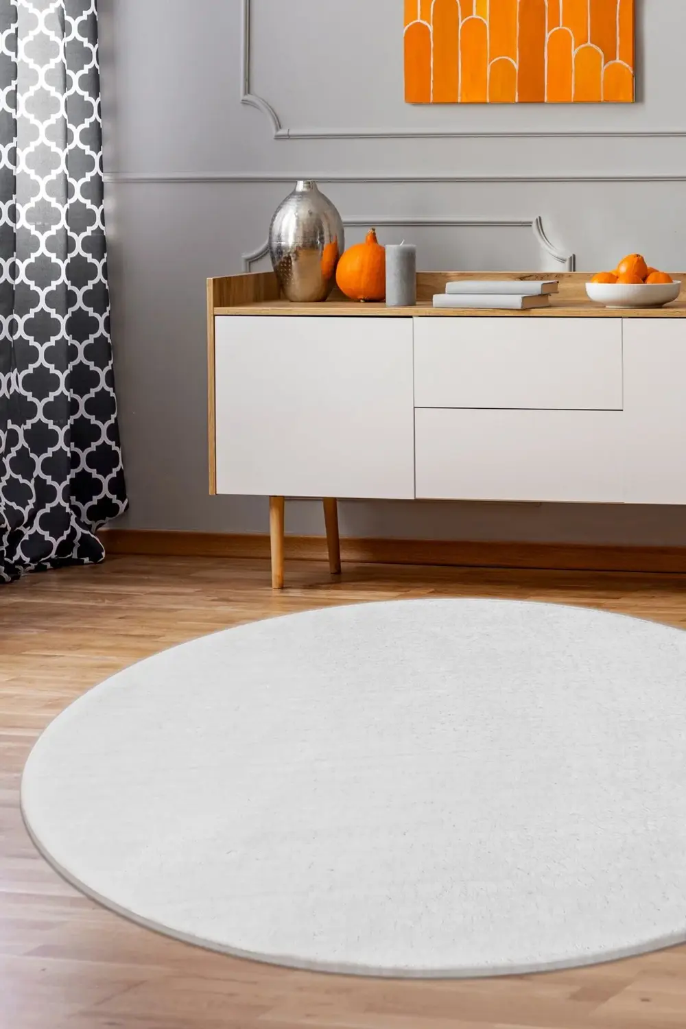 Beyaz Yuvarlak Post Dokuma Halı Peluş Yumuşacık Antibakteriyel Ba