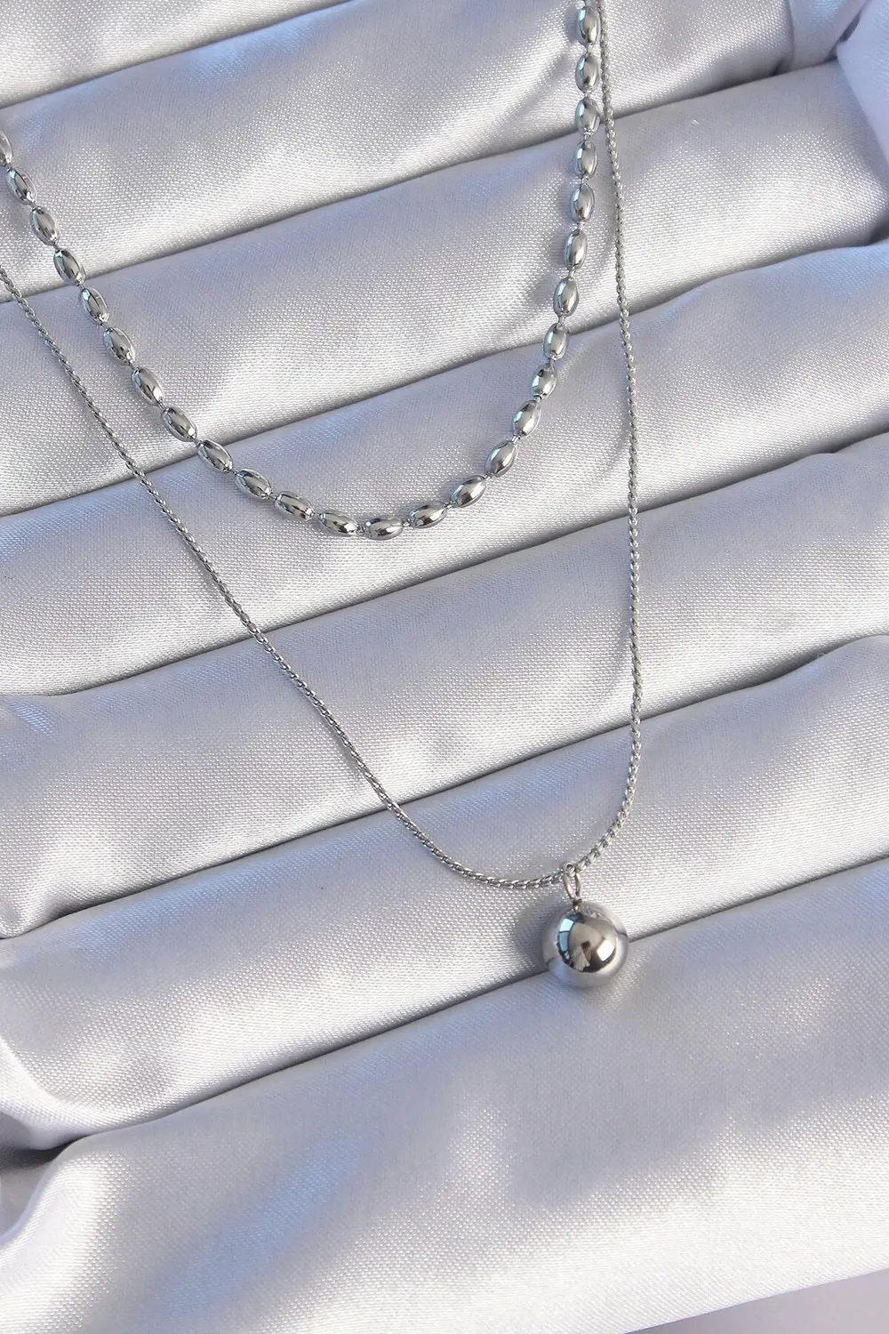 BFS 316L Çelik Çift Zincirli Gümüş Renk Topçuk Model Kolye