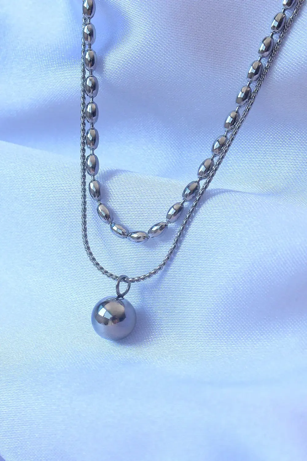 BFS 316L Çelik Çift Zincirli Gümüş Renk Topçuk Model Kolye