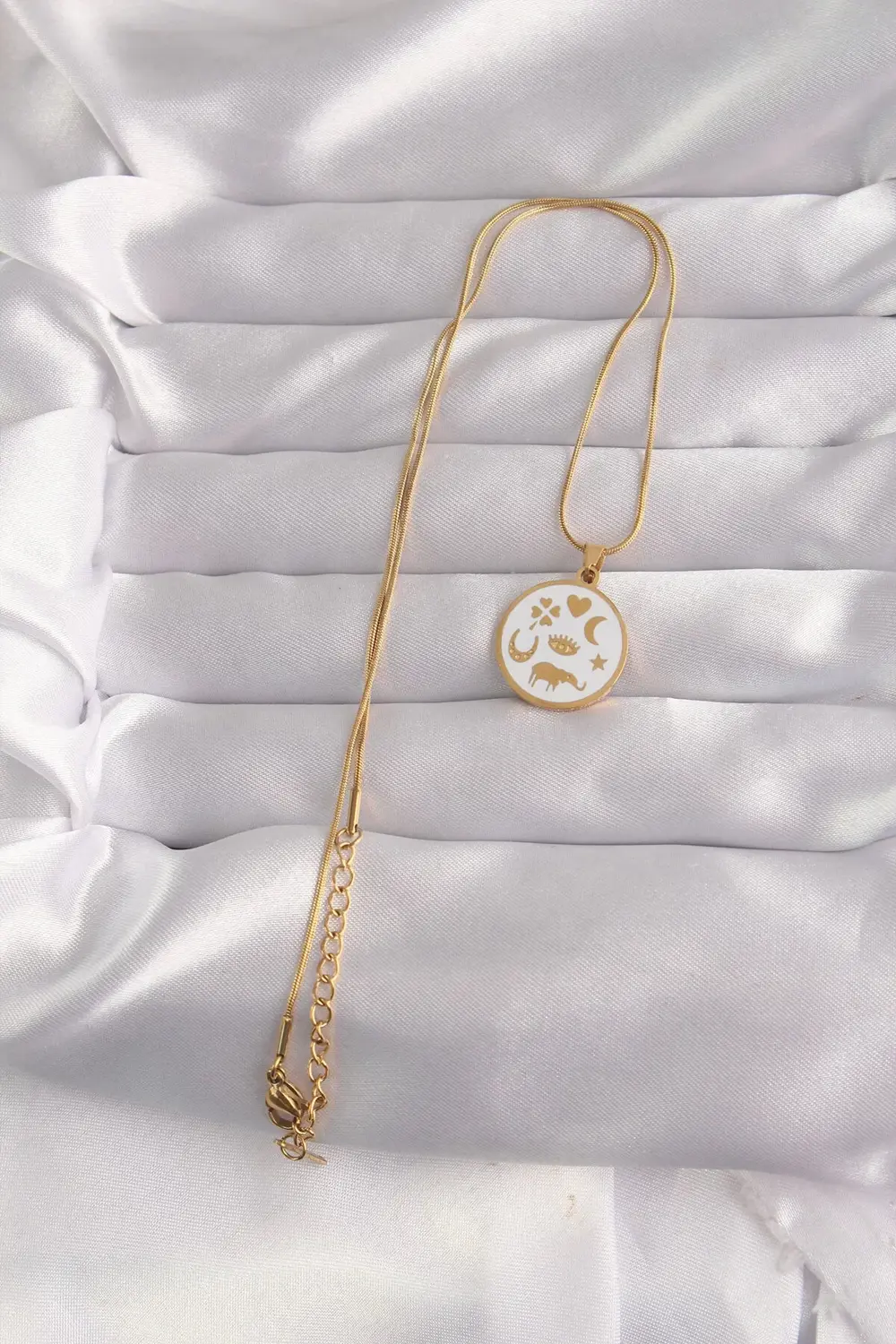 BFS 316L Çelik Gold Renk Beyaz Mineli Karışık Figürlü Tarot Kolye