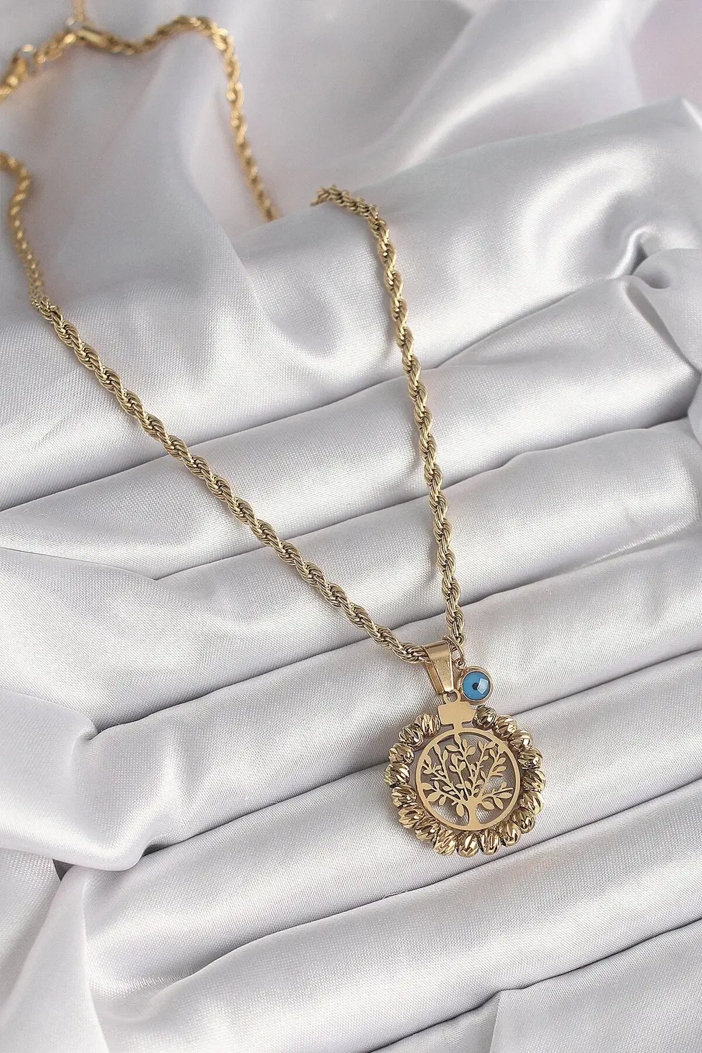 BFS 316L Çelik Gold Renk Burgu Zincir Dorika Yaşam Ağacı Figür Na