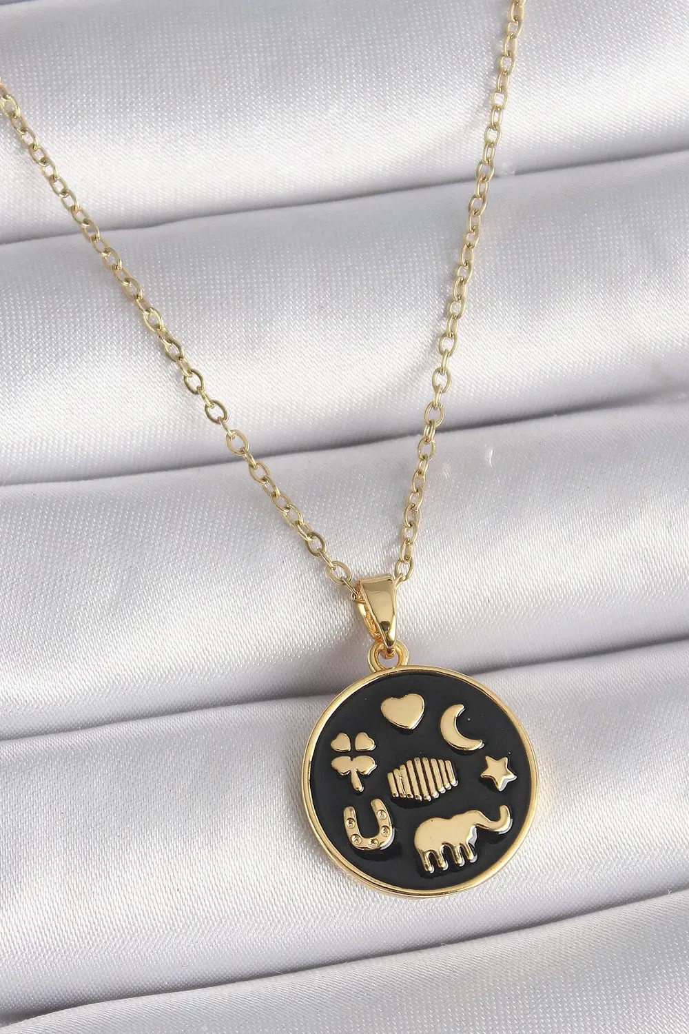 BFS 316L Çelik Gold Renk Siyah Şans Kolyesi