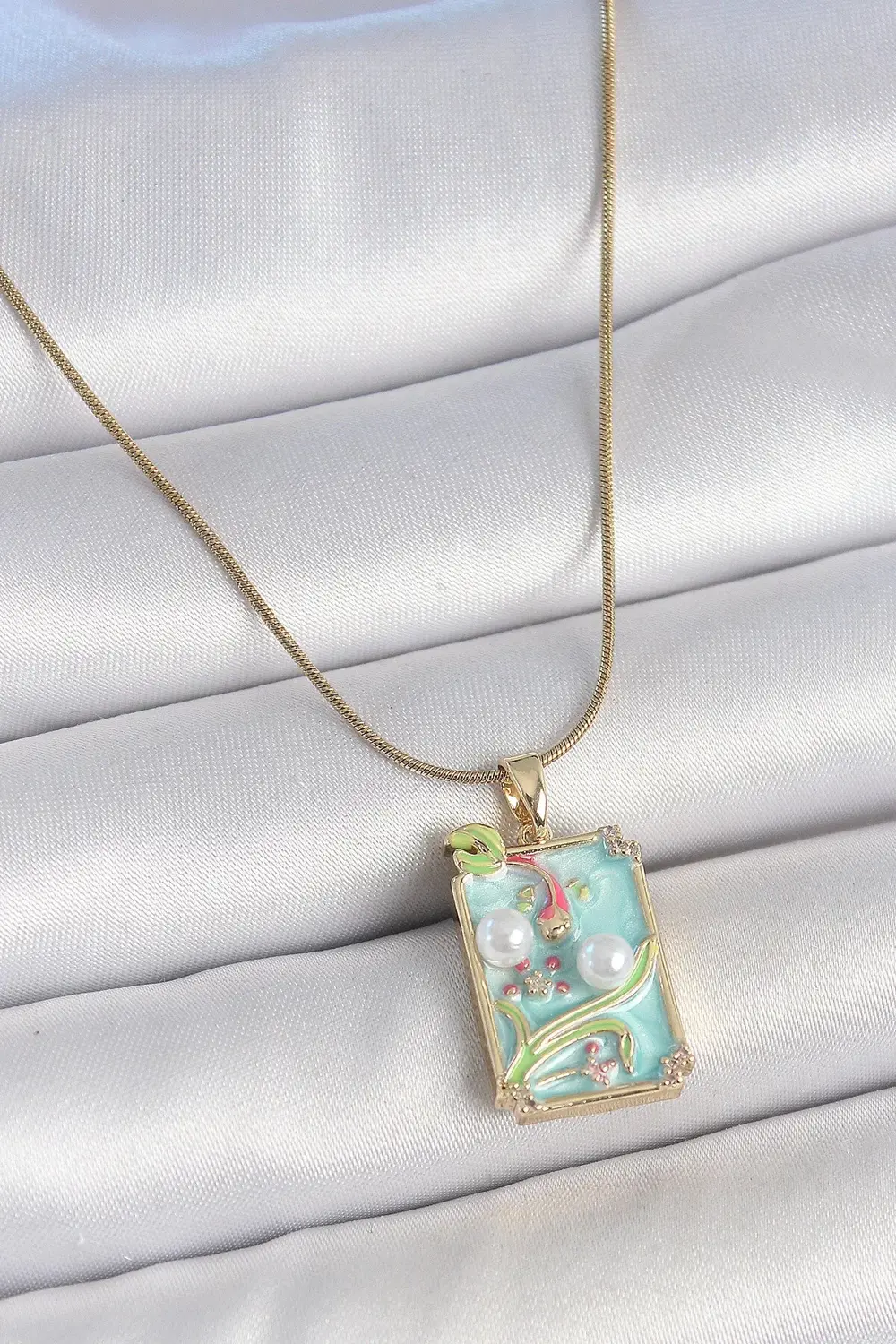 BFS 316L Çelik Gold Renk Zincir Mavi Mineli İncili Çiçek İşlemeli