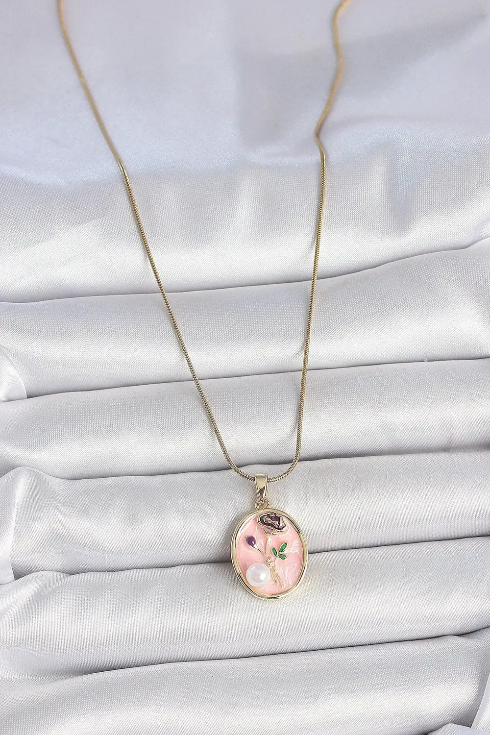 BFS 316L Çelik Gold Renk Zincir Pembe Çiçek İşlemeli İnci Detay P