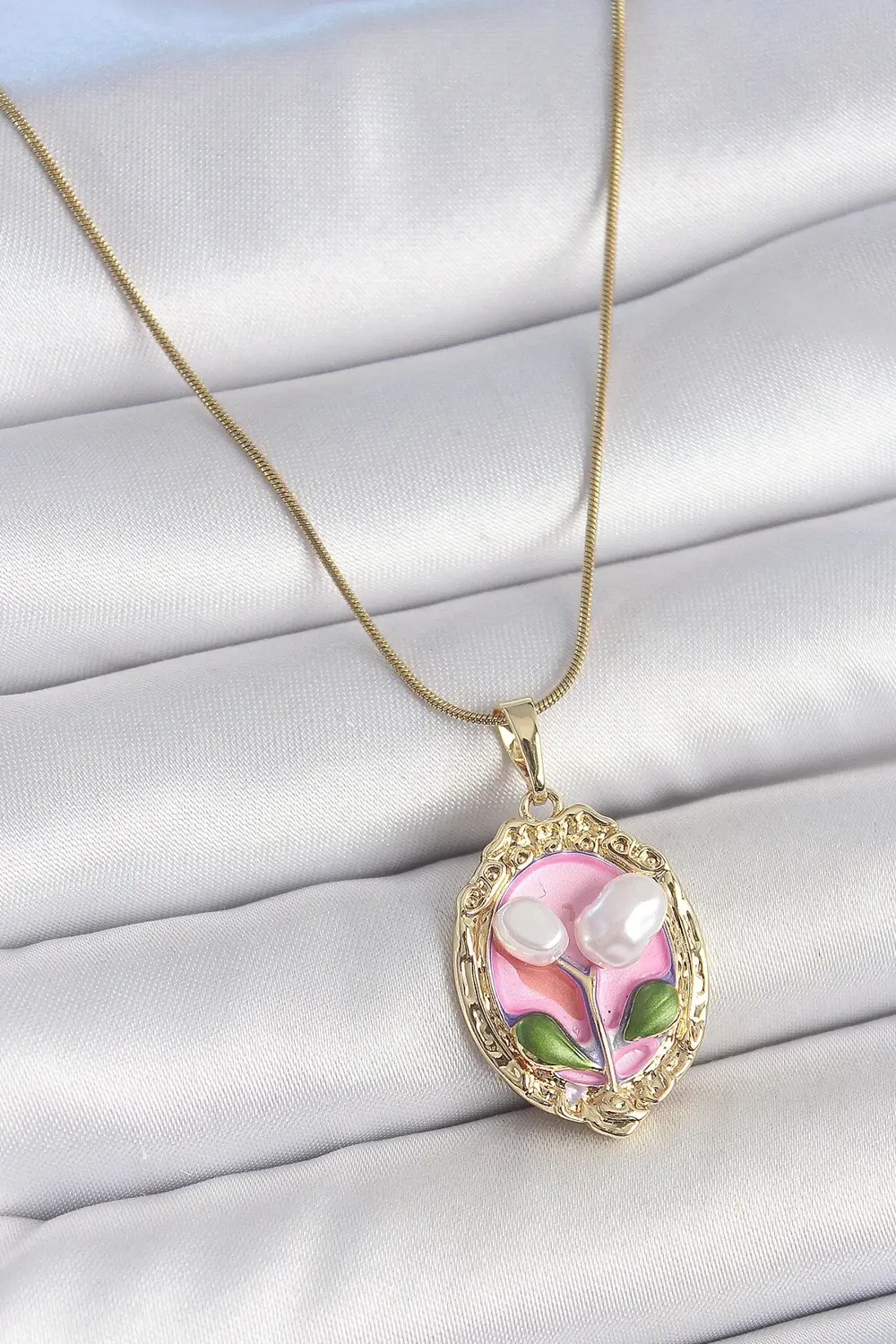 BFS 316L Çelik Gold Renk Zincir Pembe Mineli İncili Çiçek İşlemel