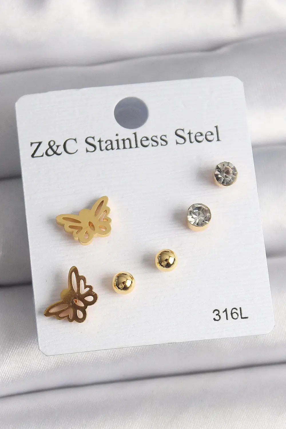 BFS 316L Çelik Gold Renk Zirkon Taşlı Kelebek Figür Kadın Küpe Se