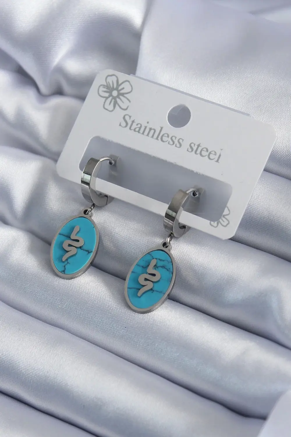 BFS 316L Çelik Gümüş Renk Oval Mavi Taşlı Yılan Figür Kadın Küpe