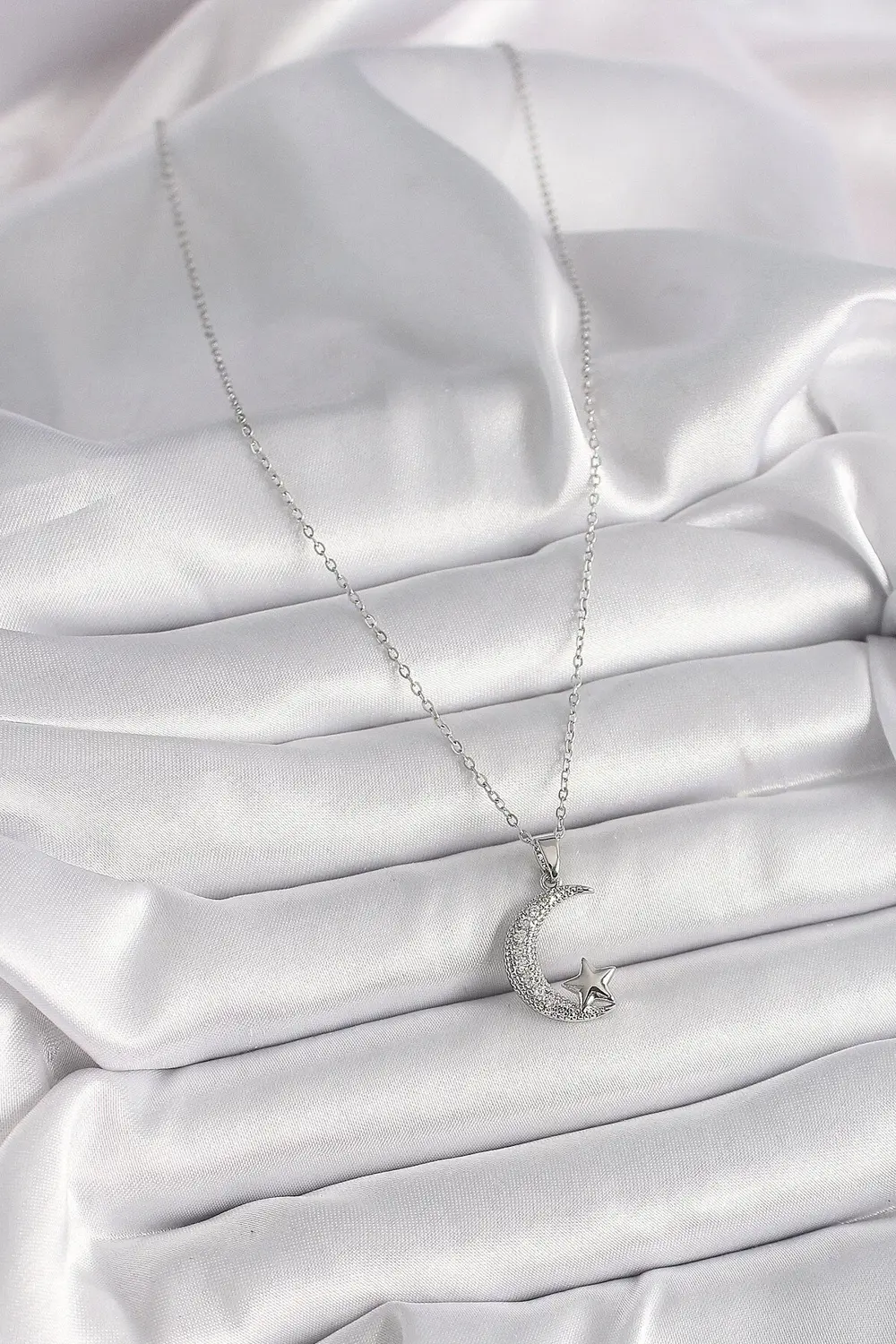 BFS 316L Çelik Gümüş Renk Zincir Zirkon Taşlı Hilal Model Yıldız