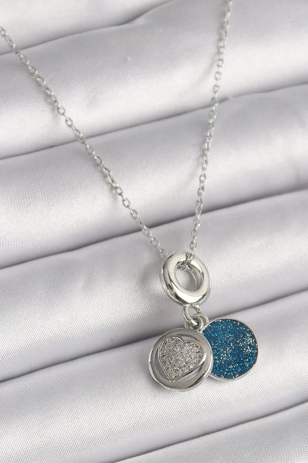 BFS 316L Çelik Gümüş Renk Zincir Zirkon Taşlı İşleme Mavi Simli K