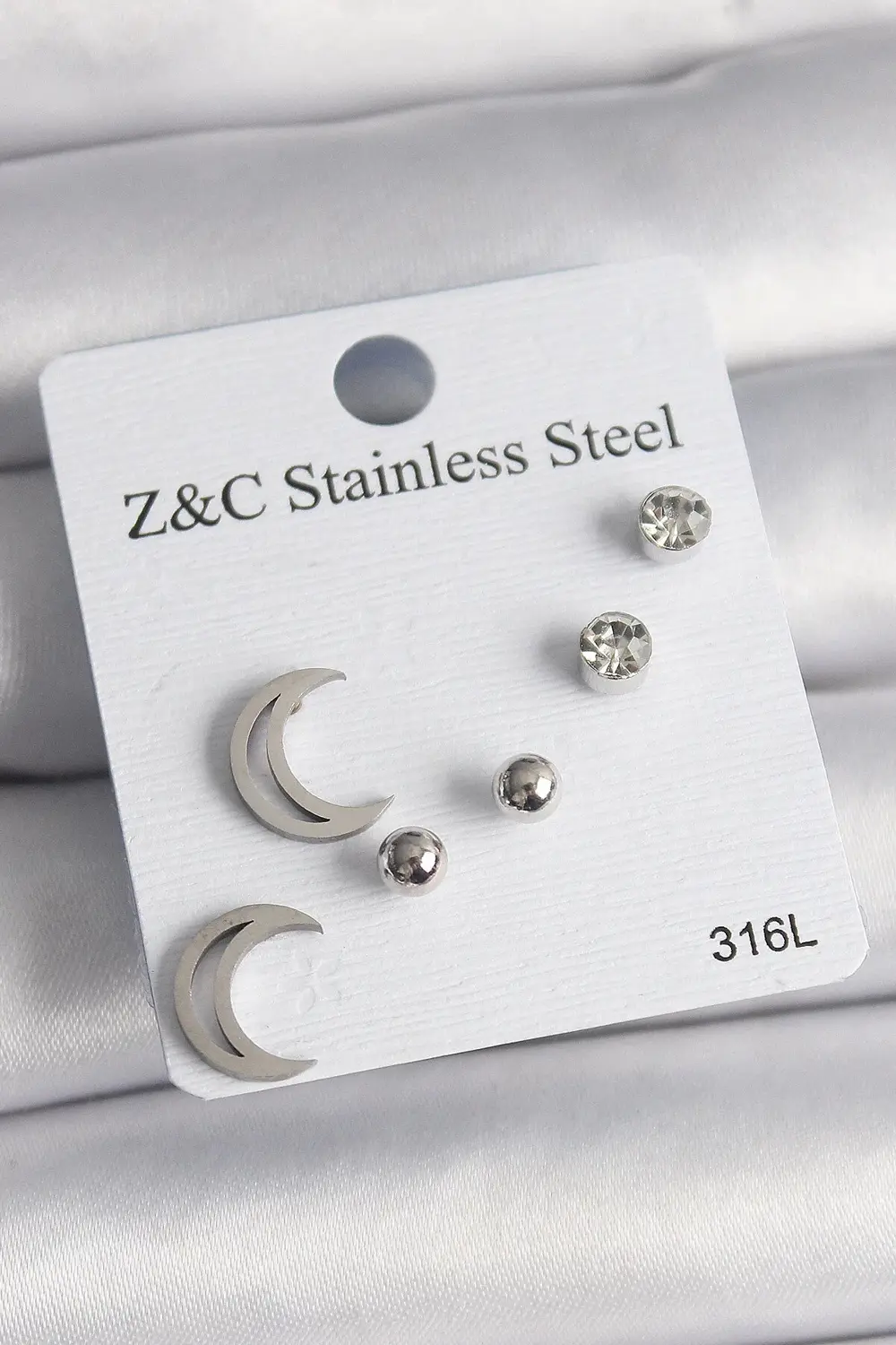 BFS 316L Çelik Gümüş Renk Zirkon Taşlı Hilal Model Kadın Küpe Set