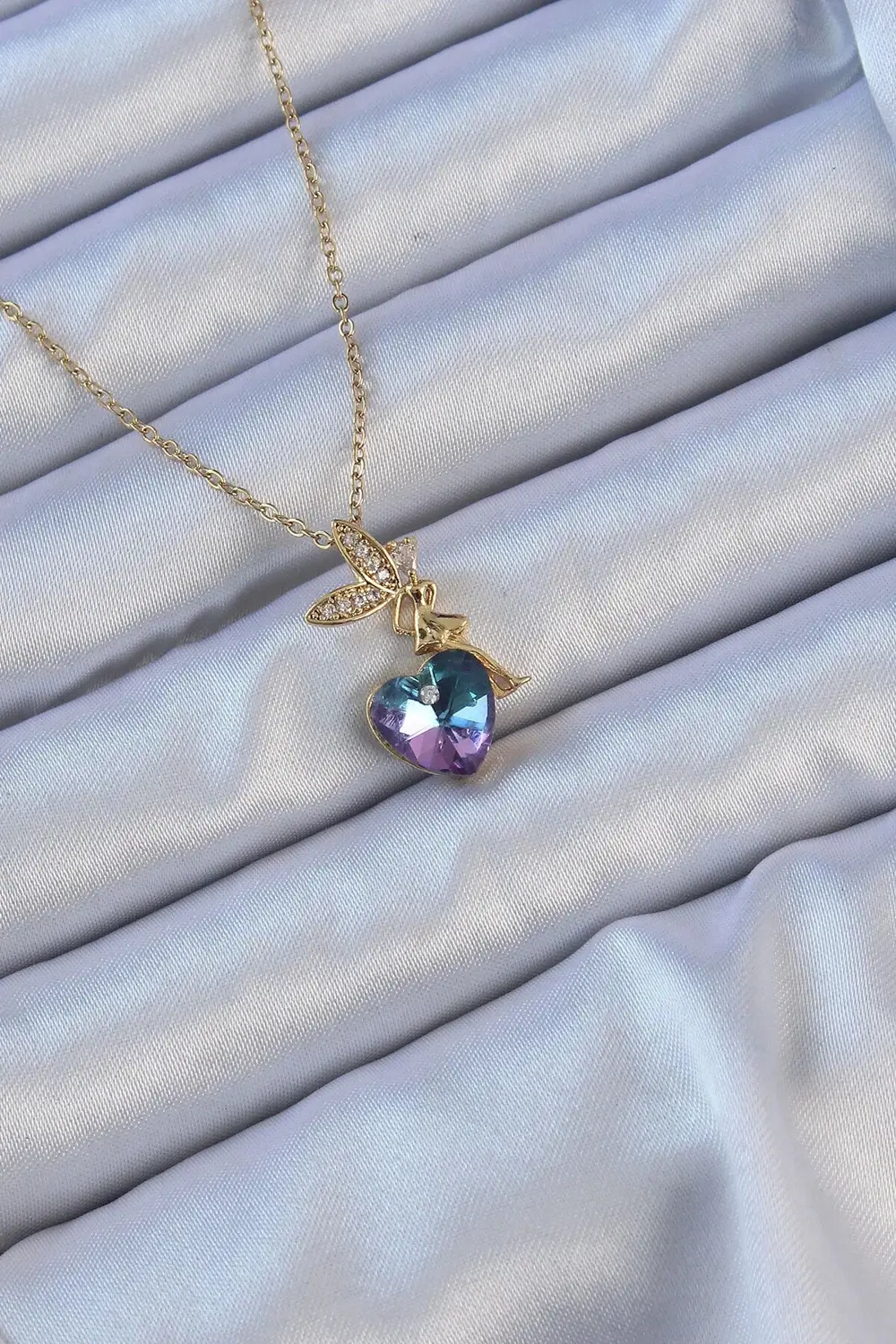 BFS 316L Çelik Zincir Altın Renk Mor Mavi Renk Zirkon Taşlı Kalp