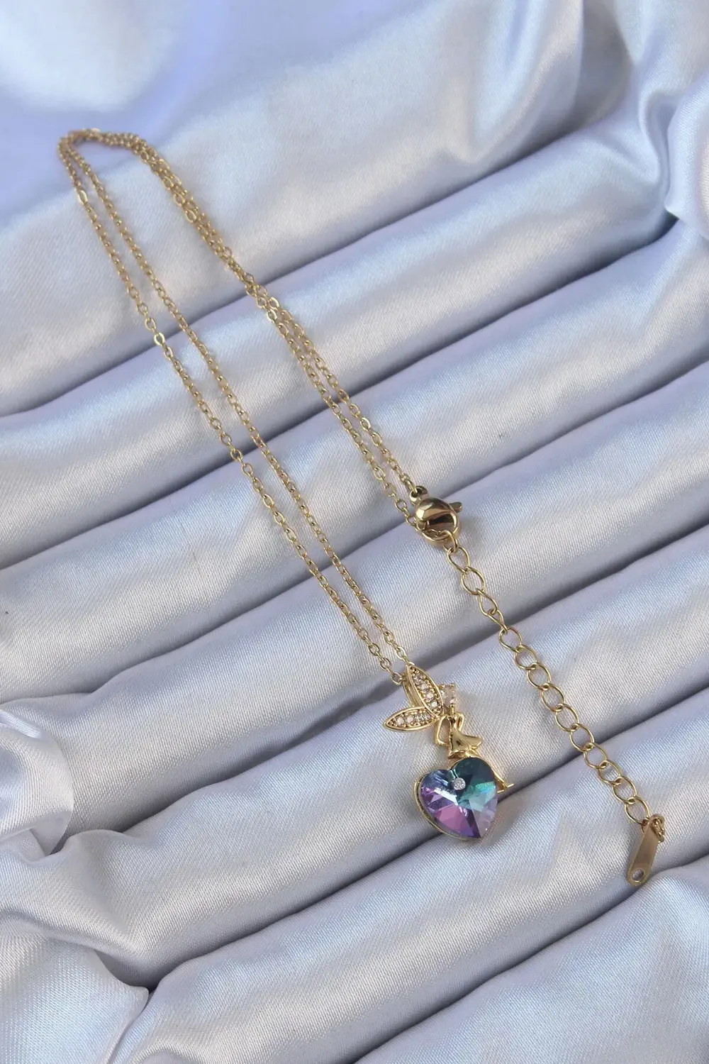 BFS 316L Çelik Zincir Altın Renk Mor Mavi Renk Zirkon Taşlı Kalp