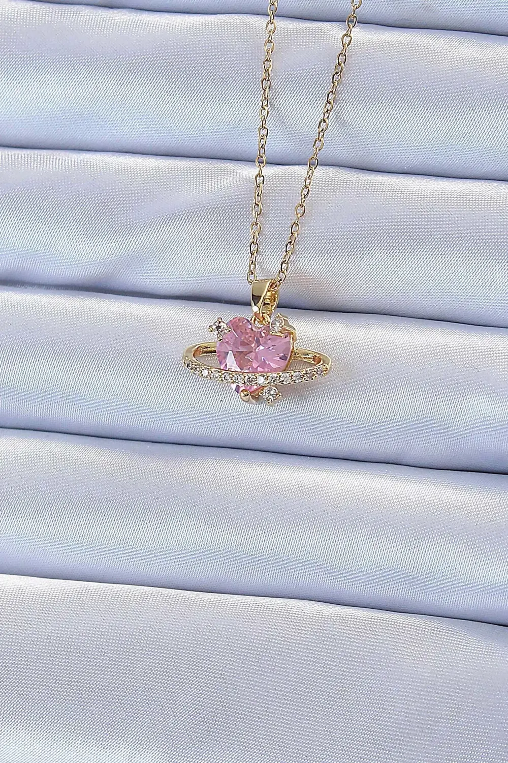 BFS 316L Çelik Zincir Altın Renk Pembe Zirkon Taşlı Satürn Görünü
