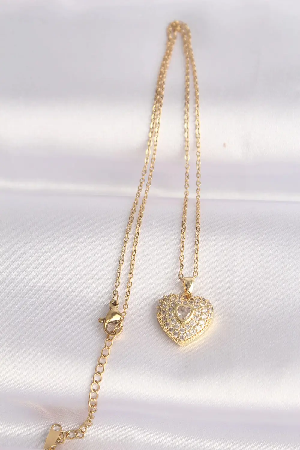 BFS 316L Çelik Zincir Altın Renk Zirkon Taşlı Kalp Kolye