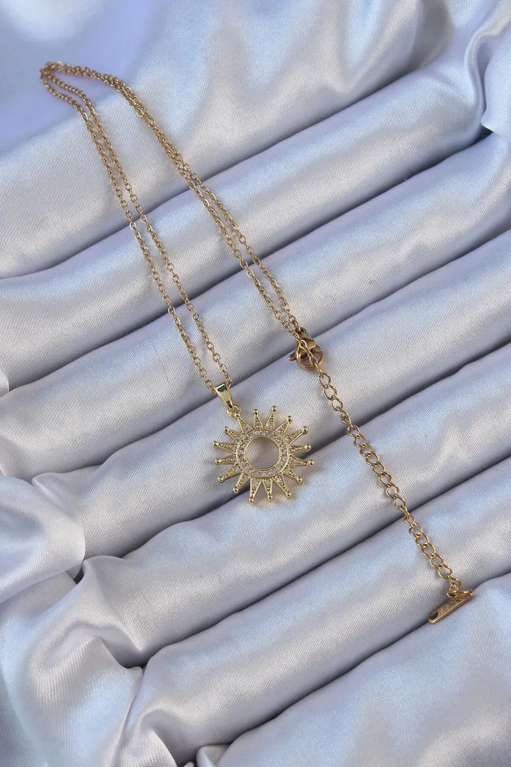 BFS 316L Çelik Zincir Altın Renk Zirkon Taşlı Parlayan Güneş Koly